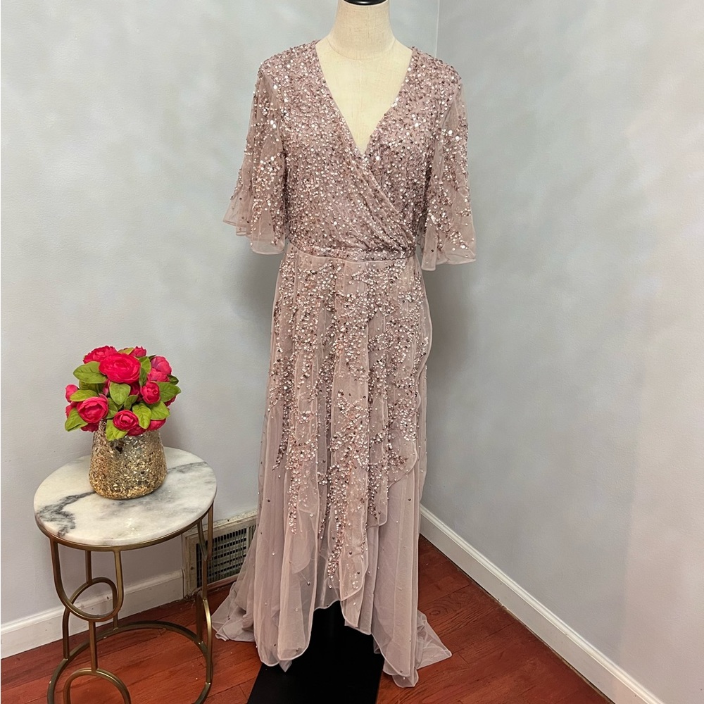 Mac Duggal Sequined Butterfly Sleeve High Low Chiffon Gown In Vintage Lilac -NWT - Picture 5 of 15